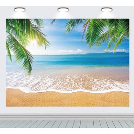 INRUI Tropical Beach Photography Background Summer Palm Trees Backdrop Blue Sea Sky Sunshine Luau Themed Backdrop (7x5FT)