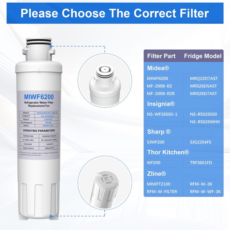MIWF6200 Water Filter Compatible with Midea MRS26D5AST MF-2008-R2, Insignia NS-WF26SS0-1,