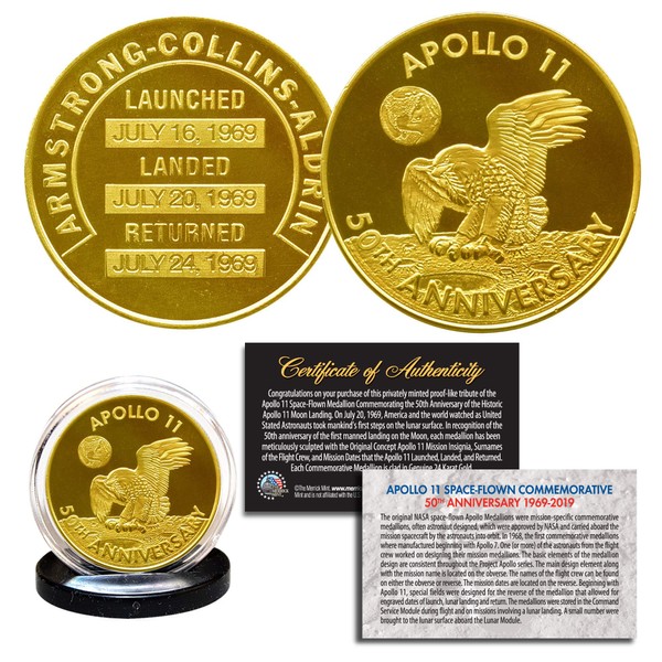 Apollo 11 50th Anniversary Commemorative NASA Robbins Medallion Tribute Coin clad in 24K Gold with Capsule