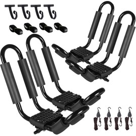 FORWODE Heavy Duty Kayak Roof Rack, 2 Pair J-Bar Kayak Rack with 4 Ratchet Tie, 4 S-Hook Ratchet Straps, 4 Anchor Belts for Kayak Canoe Boat Surf Ski on SUV Car Truck Crossbar