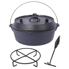 ESPIDOO 6 Quart Cast Iron Dutch Oven: Pre-Seasoned Camping Pot with Skillet Lid - Outdoor Cooking for BBQ Baking & Campfire Meals - Includes Iron Pot Rack & Lid Lifter