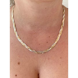 Handmade 925 Silver TriColor Yellow Rose Gold Plated Twisted Braided Herringbone Necklace - 14"