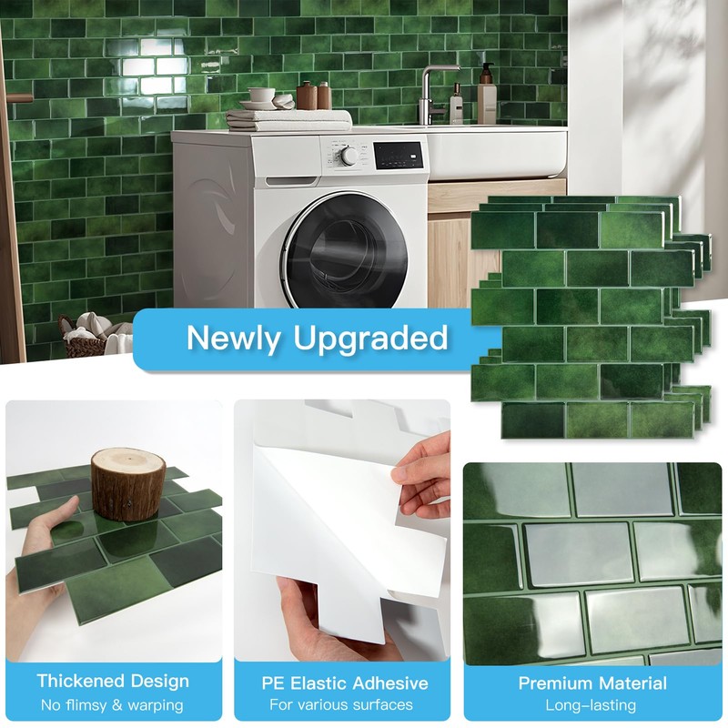Art3d Peel and Stick Green Wall Tiles – 12"x12" Thicker