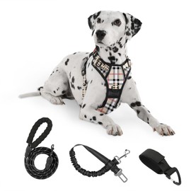 FURRYFECTION Plaid Dog Harness for Small Dogs | No Pull Reflective Pet Harness | No Choke Adjustable Dog Vest Harnesses | with Leash | Easy Control Handle | Front Lead | Seat Belt | Beige&White | S