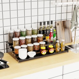 Jojocross Expandable 4-Tier Step Spice Rack Organizer for Kitchen Cabinet Modern Design and Non Skid Space Saving Storage Shelf for Countertop Cabinet Pantry(1Pack/Black)