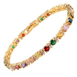 RIZILIA Eternity Tennis Bracelet [18cm/7inch] with Round Cut Gemstones CZ [Multi Coloured] in 18K Yellow Gold Plated, Simple Modern Elegance