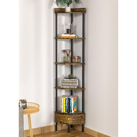 5 Tier Corner Shelf with Drawer Storage, 65" Industrial Tall Corner Shelf Stand with Rustic Display Rack, Corner Bookshelf Plant Stand with Cabinet for Living Room, Bedroom, Kitchen, Bathroom