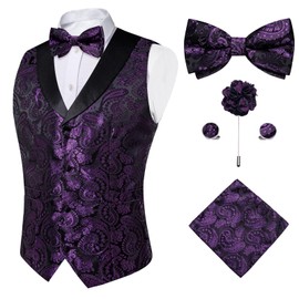 DiBanGu Black Purple Suit Vest for Men Silk Paisley Vest and Bow Tie Set with Lapel Pin Pocket Square Cufflinks Formal Waistcoat Prom XL