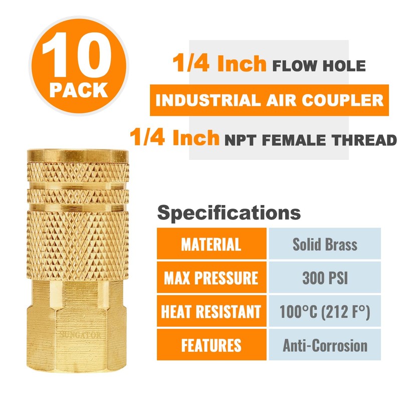 SUNGATOR 1/4'' Air Hose fittings, 10-Pack Brass 1/4 Inch NTP