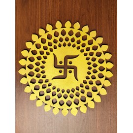 My Dream Carts Golden Round Decorative Wall Art Mdf Wooden Swastika Chakra For Temple, Living Room, Office, Hotel, Home Decor Items, Gift Item, Mandala Wall Hanging For House Decoration 15x15 CM
