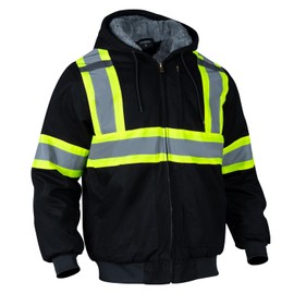 Sicalobo Men's High Visibility Fleece Lined Safety Sweatshirt,High Vis Winter Canvas Work Jacket,Reflective Water Resistant Thermal Construction Hooded Workwear(Black,S)
