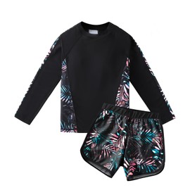 Girls Long Sleeve Swimsuits Rash Guard Sun Protection UPF 50+ Swimwear 2 Piece Swim Set Girls Swimming Costume 4-14 Years