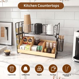 CACHOLIV Coffee Station Organizer for Countertop - Bamboo Bar Organizer Rack for Nespresso Pod & K Cup - Coffee Pods Holder Storage Basket - Cup and Condiment Station for Kitchen Office Home (Black)