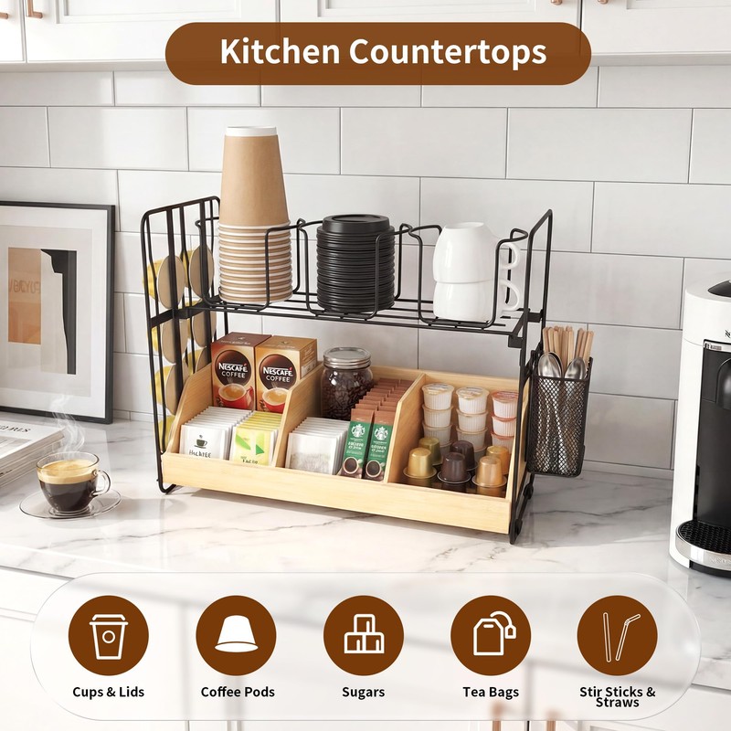 CACHOLIV Coffee Station Organizer for Countertop - Bamboo Bar Organizer