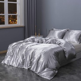 Sleepymoon Duvet Cover Set Silk Like Single Double King Super King (Gray, Single)