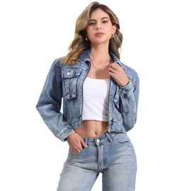 Allegra K Cropped Denim Jacket for Women's Zip Up Long Sleeves Pockets Casual Jean Jackets Medium Washed Blue