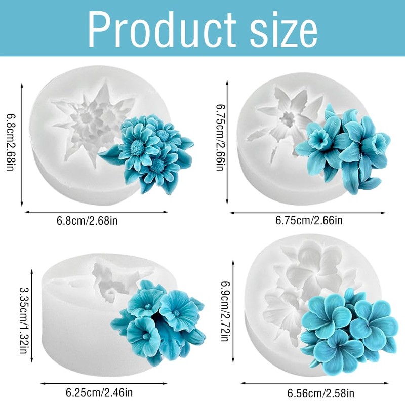 FineInno 4Pcs Flower Silicone Candle Molds for Candle Making 3D
