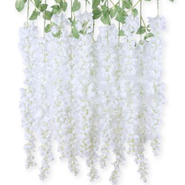 mizii 6Pcs White Wisteria Hanging Flowers 48" Silk Wisteria Artificial Flowers Garland Vines Fake Hanging Flowers Decoration for Wedding Flower Wall Backdrop Centerpieces Party Room Decor (White)