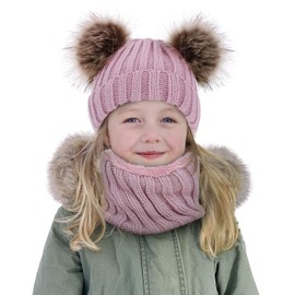 Simplicity Toddler Pom Pom Beanie Girls Winter Hat and Scarf Set Kids Children Fleece Lined Kids Beanie Knit Pom Pom Beanie Cap and Circle Scarf Set, Pink