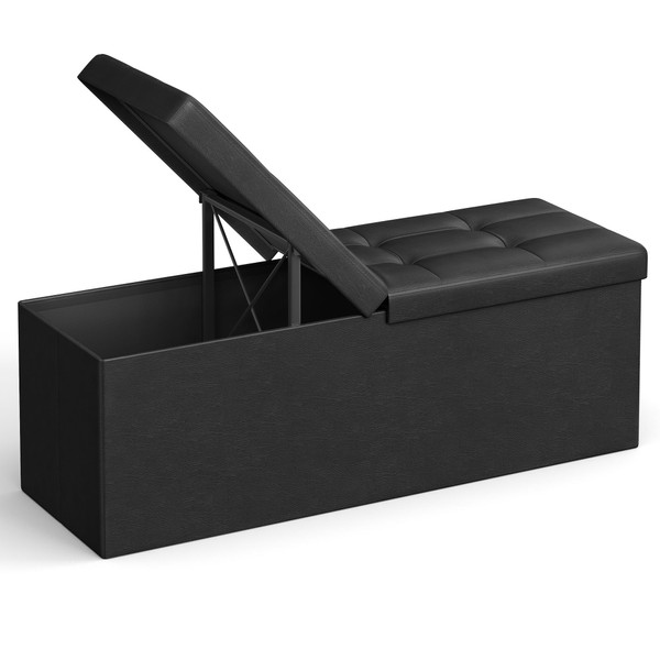 SONGMICS 43 Inches Folding Storage Ottoman Bench with Flipping Lid, Storage Chest Footrest Padded Seat with Iron Frame Support, Black ULSF75BK