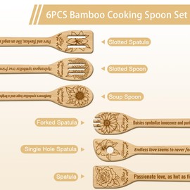 GLOBLELAND 6Pcs Flowers Bamboo Cooking Utensils Wooden Engraved Cooking Spoons Set Carving Kitchen Bamboo Spatula Set Wood Cooking Spoon for Kitchen House Warming Gift