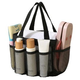 Leseogye Mesh Shower Bag, Portable Mesh Shower Caddy Bag with 7 Pockets, Foldable Quick Dry Beach Bags for College Dorm, Swimming, Gym, Beach, Travel (Black)