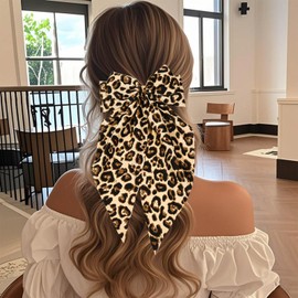 Flomiara Hair Bows for Women, Ribbon Ponytail Holder Accessories Slides Metal Hair Clips, Accessories Hairdresser Bow Leopard Printing Styling Barrette Clips Hair Bow for Women Girls, Brown