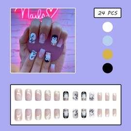 24 PCS Press on Nails Christmas Fake Nails Snowflake Fake Nails Penguin Fake Nails Short Fake Nails Gifts for Women and Girls (No.79)