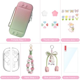 VirgoCCY Cute Travel Carrying Case for Switch 2 2025 with Silicone j-con Covers, Thumb Grip Caps, Screen Protector, Flower Strap, Charms and Embroidery stickers for Girls Women, Pink Green