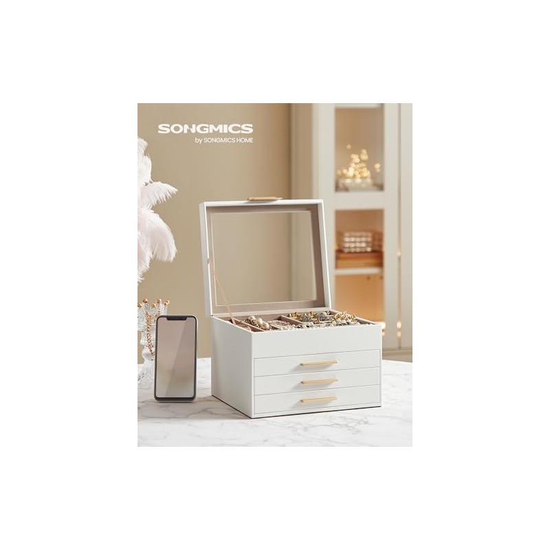 SONGMICS Caja de Joyas, 4 Niveles, Tapa de Cristal, 3