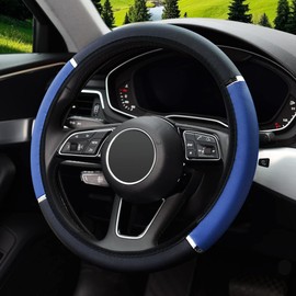 Blue Anti-Slip Steering Wheel Cover, Soft Leather with Foam Metal Accents Steering Wheel Cover, Breathable Carbon Fiber Sports Elastic Wheel Cover Universal Size 37-38cm/14.5-15inch