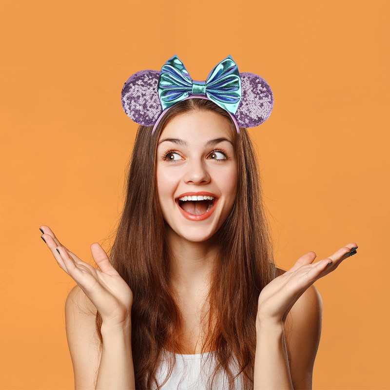 DRESHOW 2 Pack Mouse Ears Bow Headbands Glitter Party Decoration