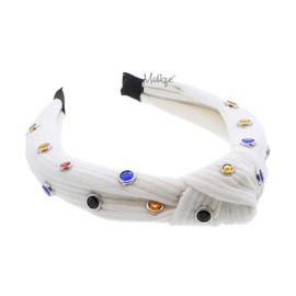 Cotton Twist Knot Headband with Colored Rhinestones - White