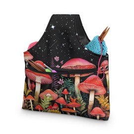 ASQVTIFE Starry Night Mushroom Crochet Bag Organizer Small Yarn Tote for Crocheting Project Knitting Needles Holder Bag Stylish Crochet Bags for Crocheting Project with Front Zipper Pocket
