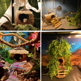 MUYG Crested Gecko Tank Accessories Coconut Hide with Ladder,Leopard Gecko Coconut Hut Hideout Hanging Lizard Seagrass Hammock Dragon Cage Lounger Jungle Vine Flexible Leaves Reptile Tank Decor