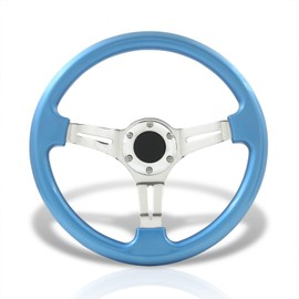 AJP Distributors Car Steering Wheel,Universal Steering Wheels,350mm 14" 6 Bolts Holes Heavy Duty Steering Wheel w/Horn Button, JDM VIP 3 Spoke Steel Chrome Polished Center w/Sky Blue Trim