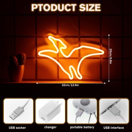 3 Pcs Neon Dinosaur Light Dinosaur Shaped Neon Night Light USB Powered Light up Dinosaur Lamp Hanging Dinosaur Decor Decorative Wall Neon Signs with 6 Hooks for Room Party Bar Decorations, 3 Colors