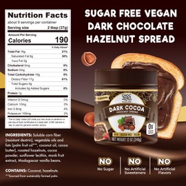 Vegan Cocoa Hazelnut Spread by ChocZero - Keto Friendly, Sugar Free Dessert and Keto Bread Topping - Low Carb Chocolate (1 jar, 12 oz)