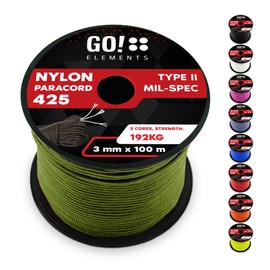 GO!elements 100 m Paracord Rope Made of Tear-Resistant Nylon - 3 mm Paracord 425 Type II Max. 192 kg - Cord for Outdoor Ropes, All-purpose Ropes, Survival Ropes, Bracelets, Dog Leads, Nylon Cord, green
