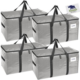 RUGGED RHINO Heavy Duty Extra Large Moving Bags, 50lb Capacity Tote, Durable Water and Puncture Resistant Winter Clothes Storage Totes for Moving, Strong Carry Handles and Zippers, 4 Pack Silver