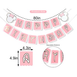 Banner de feliz cumpleaños de mouse rosa, decoración de cumpleaños de Minnie Mouse, pancarta de primer cumpleaños, decoración de mouse, pancarta de cumpleaños temática rosa para niñas, fiestas de