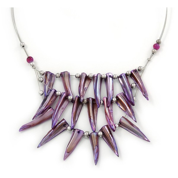 Avalaya Purple Shell Nugget Bib Wire Necklace In Silver Tone