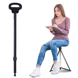 ALEVMOOM Walking Cane with Seat Folding Lightweight, 2-in-1 Cane Stool for Adults, Aluminum Walking Stick with Seat, Capacity 330lb Portable Stool for Senior, with Carry Bag-Black