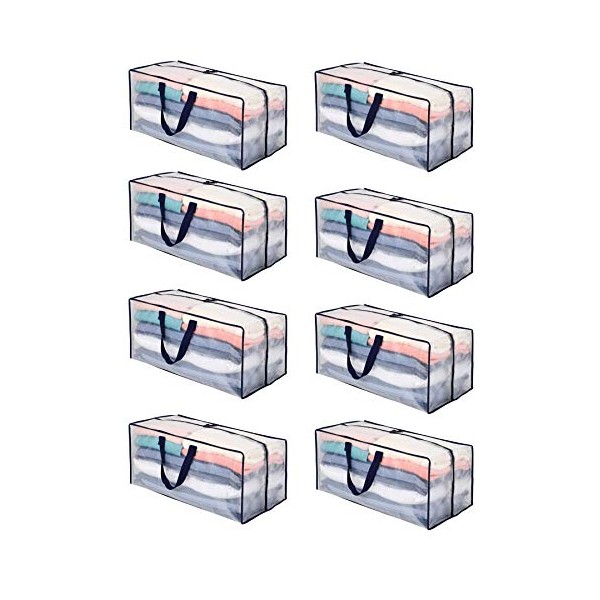 VENO Heavy Duty Extra Large Clear Moving Bags W/ Backpack Straps Strong Handles & Zippers, Storage Totes For Space Saving, Fold Flat, Alternative to Moving Box, Recycled Material (Clear - Set of 8)