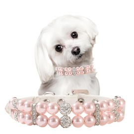 Dog Pearl Necklace Collar,Fancy Crystal Bling Dog Collar, Rhinestone Diamond Pink Girl Dog Collars for XXS Xs Small Medium Female Dogs Pet,M