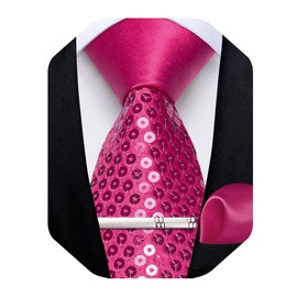 DiBanGu Mens Sequin Tie Set Solid Color Necktie and Pocket Square Tie Clip Set Shiny Slim Ties for Wedding Party, Hot Pink