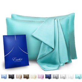 ENETIX Luxury Silk Satin Pillowcase for Hair and Skin 2 Pack with Gift Package Acne Free Hidden Zipper Pillow Case 50×75cm Turquoise