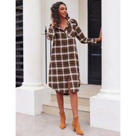 Ekouaer Women's Nightgown Plaid Flannel Warm Cotton Christmas Nightgown Sleep Shirt Button-Front Nightshirt Sleepwear Coffee