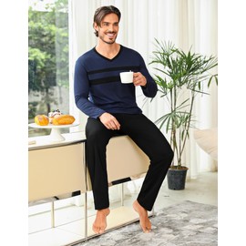 Nieery Men's Pyjamas Sets Cotton Men's Loungewear Set, Breathable and Comfortable Sleepwear Pjs Set with Drawstring and Pockets Navy Blue M