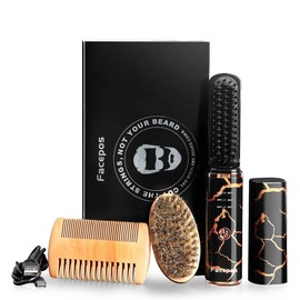 Wireless Electric Heated Beard Straightener Set, Portable Cordless Hair Straightener for Men, Elegant Crackle Pattern Design and Bonus Beard Brush & Wooden Comb for Perfect Grooming